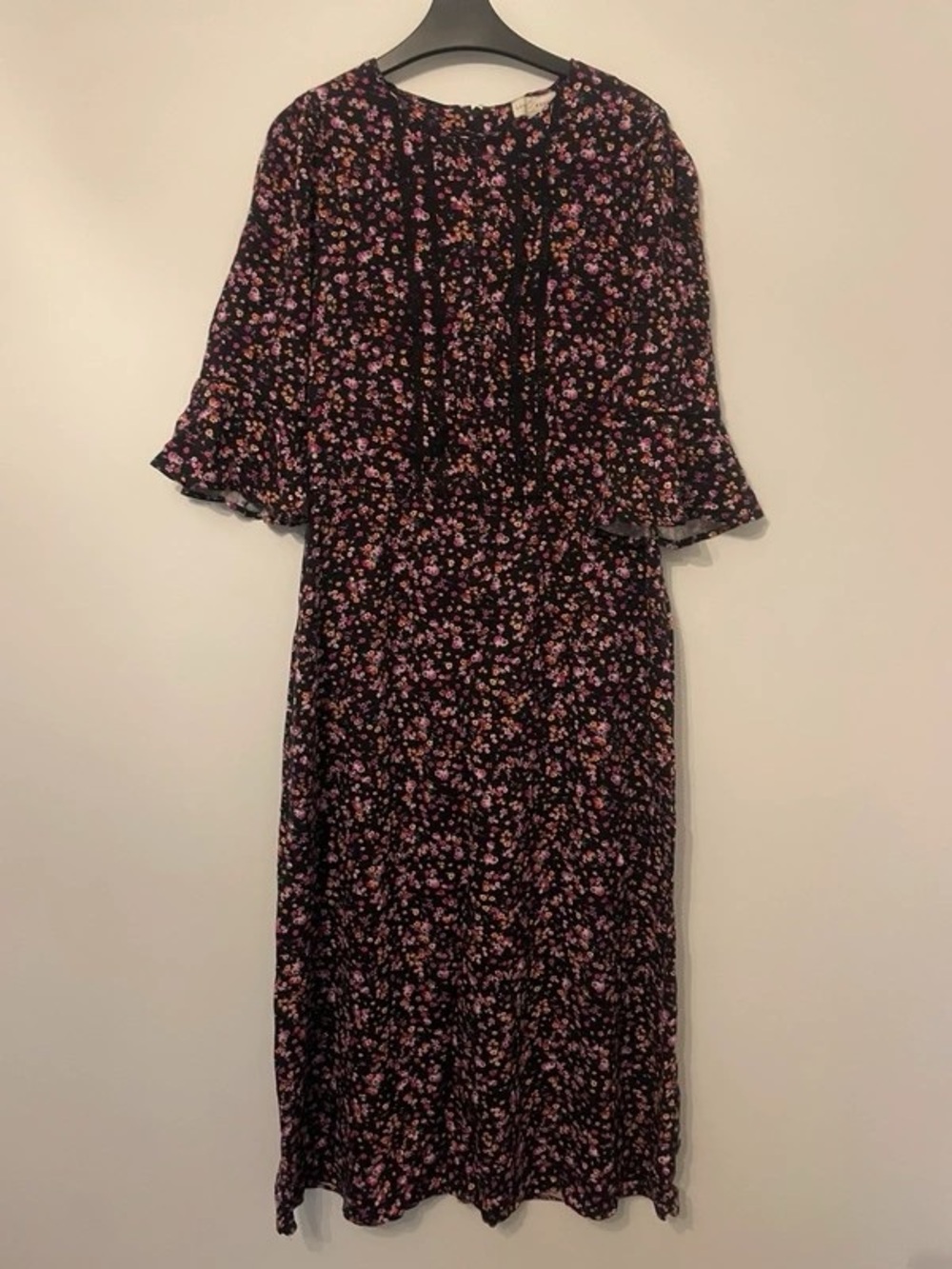Black Midi Dress with Pink Floral Pattern and Flutter Sleeves